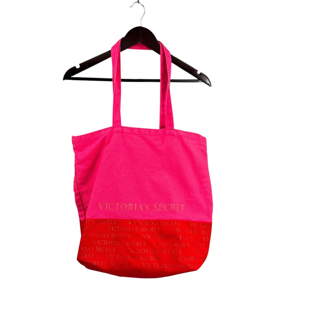 Victoria's Secret Pink Red Tote Bag Canvas Beach Travel Shopping‎ Metallic Logo